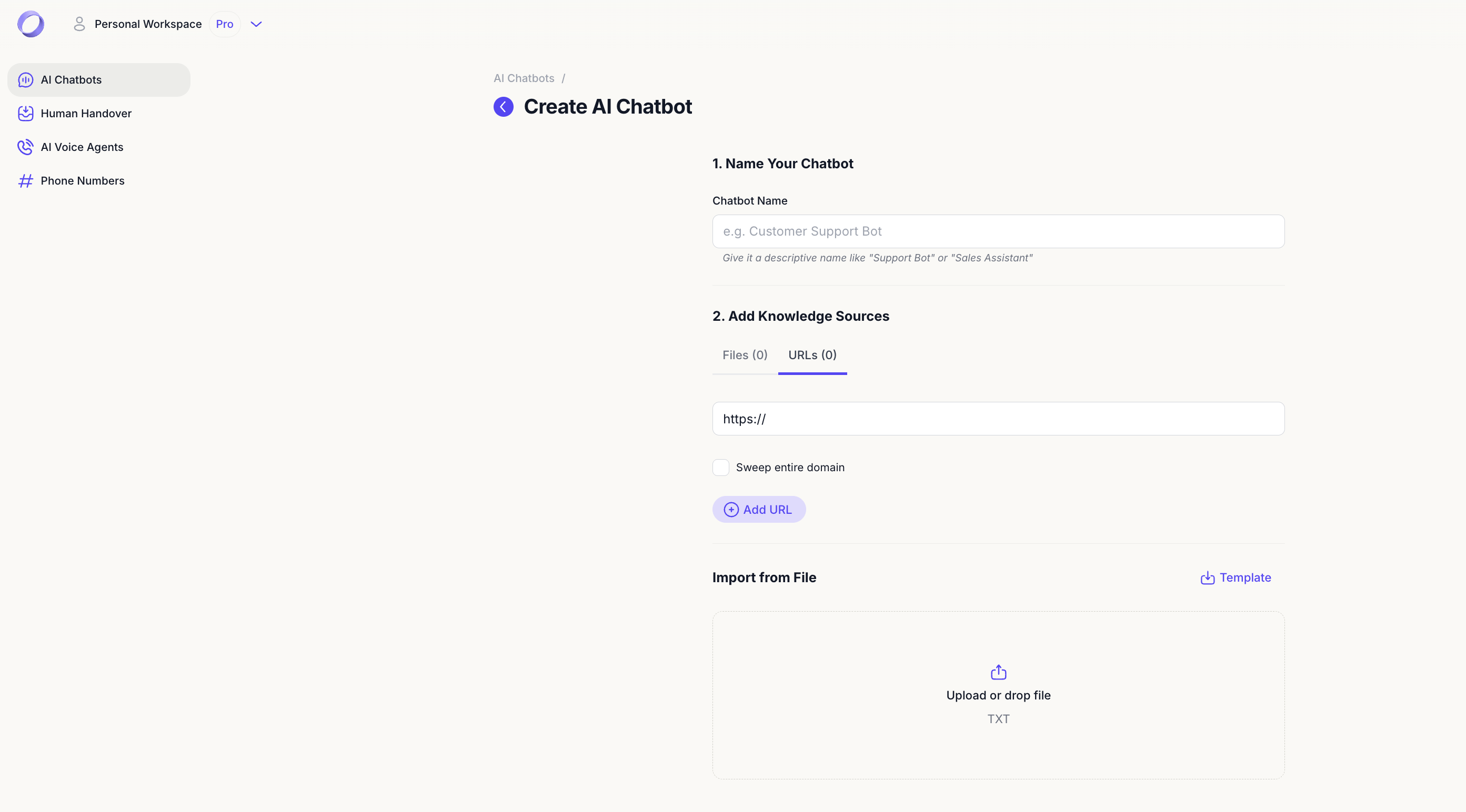 Uploading files and website URLs to train the AI agent