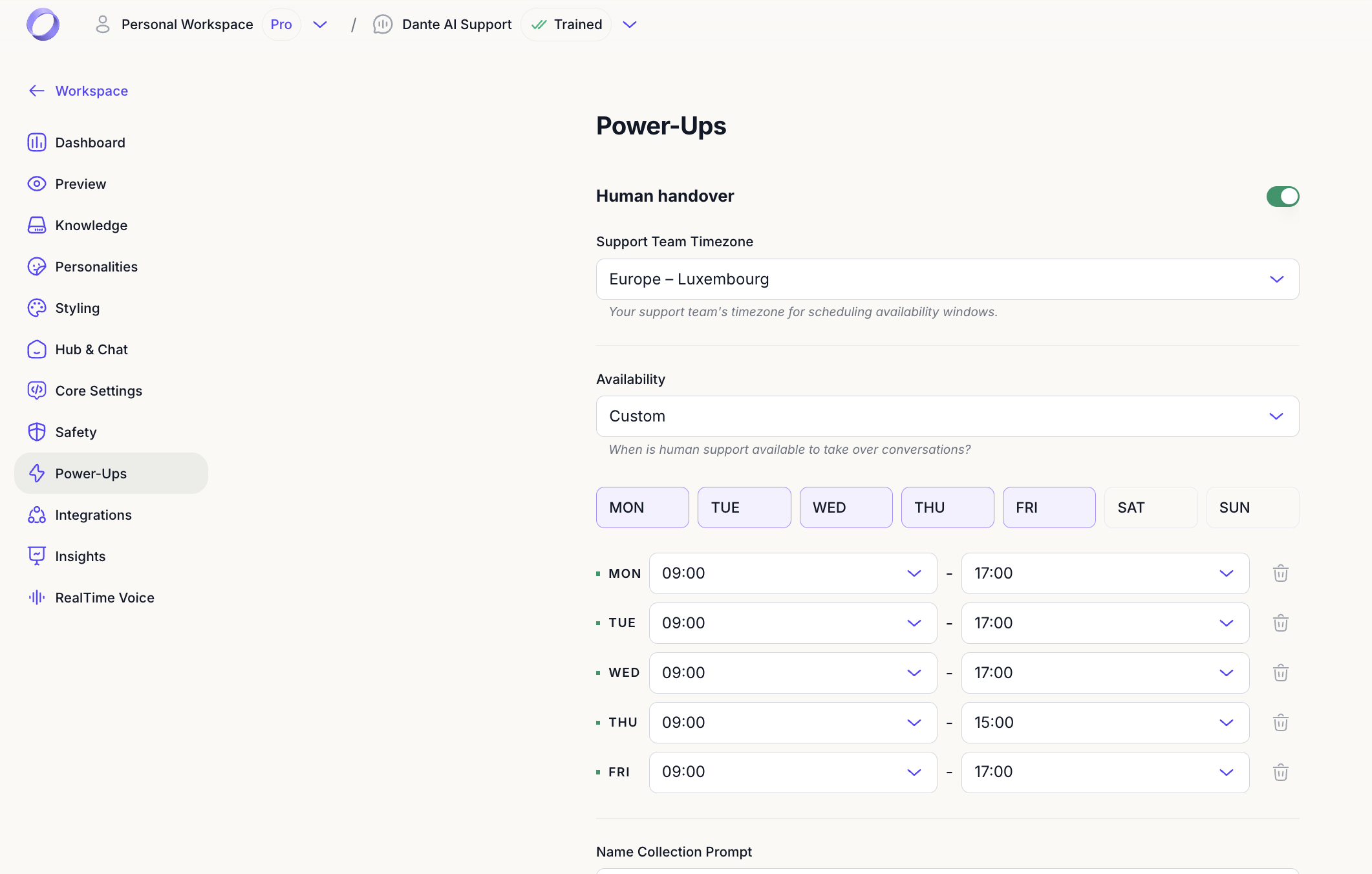 Customizing tone, human handoff, and scheduling options in Dante AI